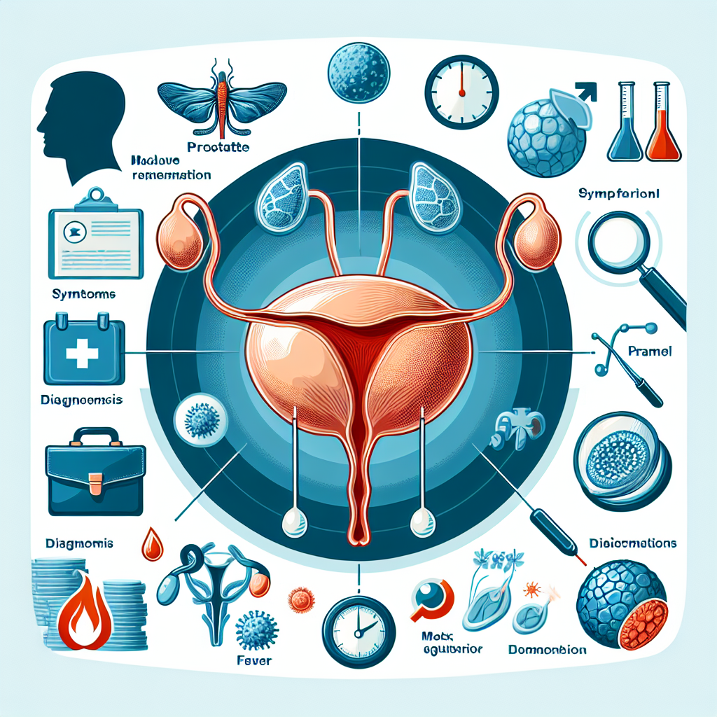 Illustration der akuten Prostatitis mit hervorgehobenen Symptomen und Behandlungsansätzen.