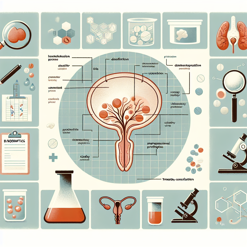 Eine Illustration, die Symptome, Diagnose und Behandlungsmöglichkeiten von Prostatitis zeigt.