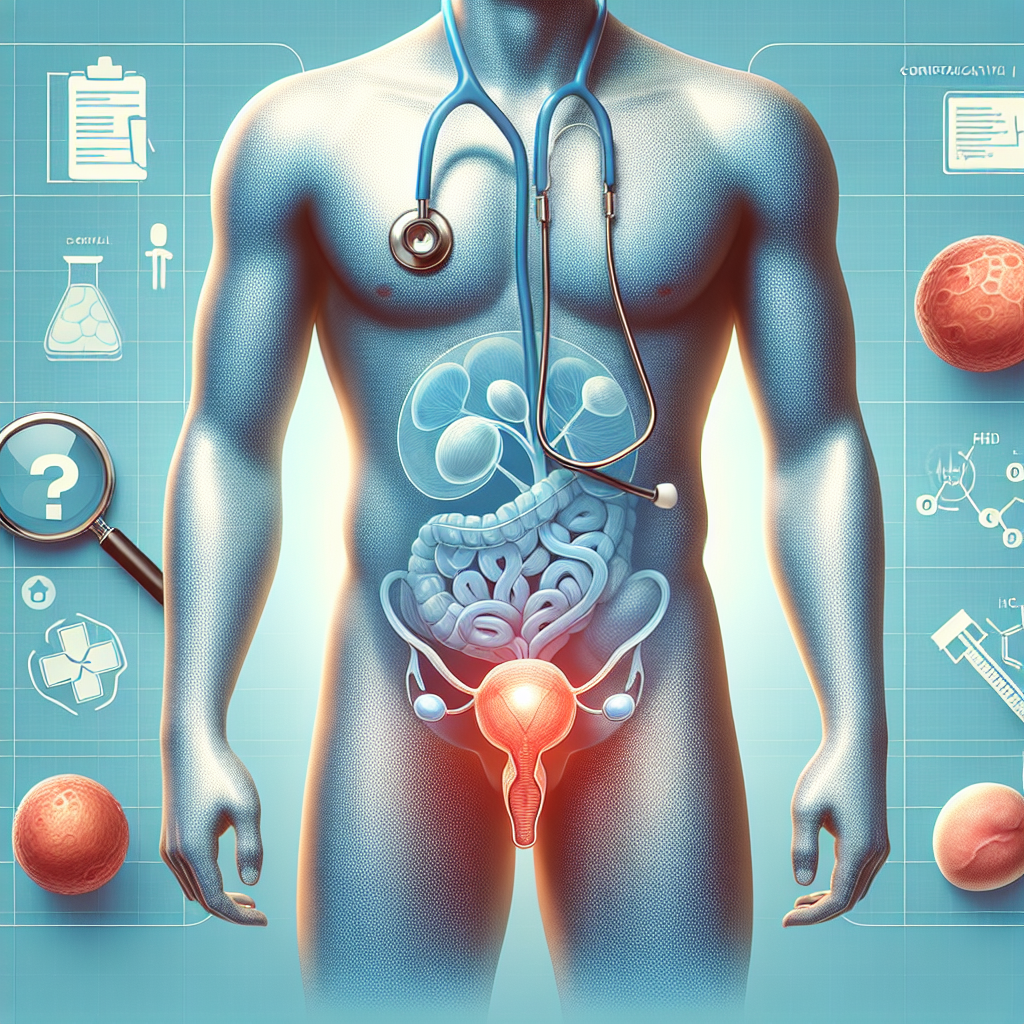 Medizinisches Diagramm der Prostata und Hoden, das die Symptome und Diagnosemethoden von Prostatitis darstellt.