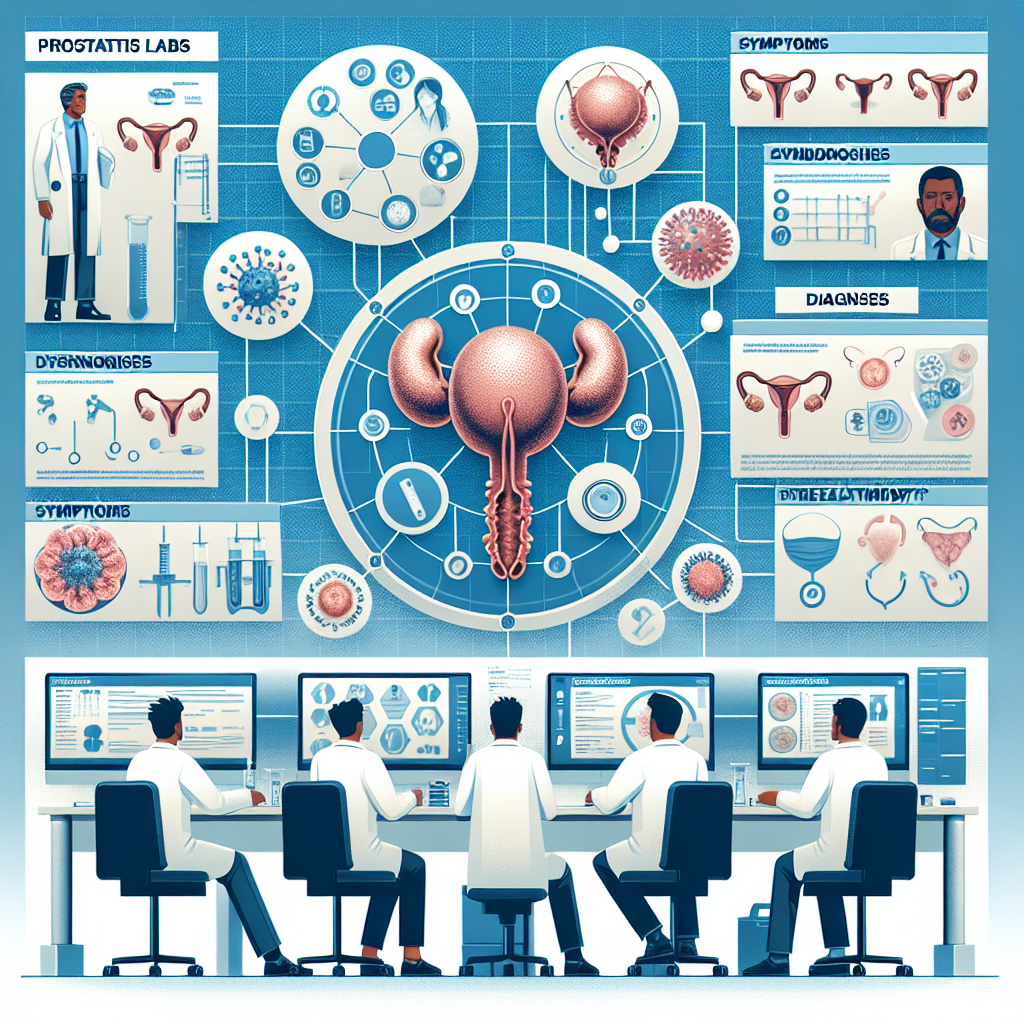 Medizinische Illustration der menschlichen Prostata inmitten von Laborausrüstung, die die Diagnose und Behandlung von Prostatitis symbolisiert.